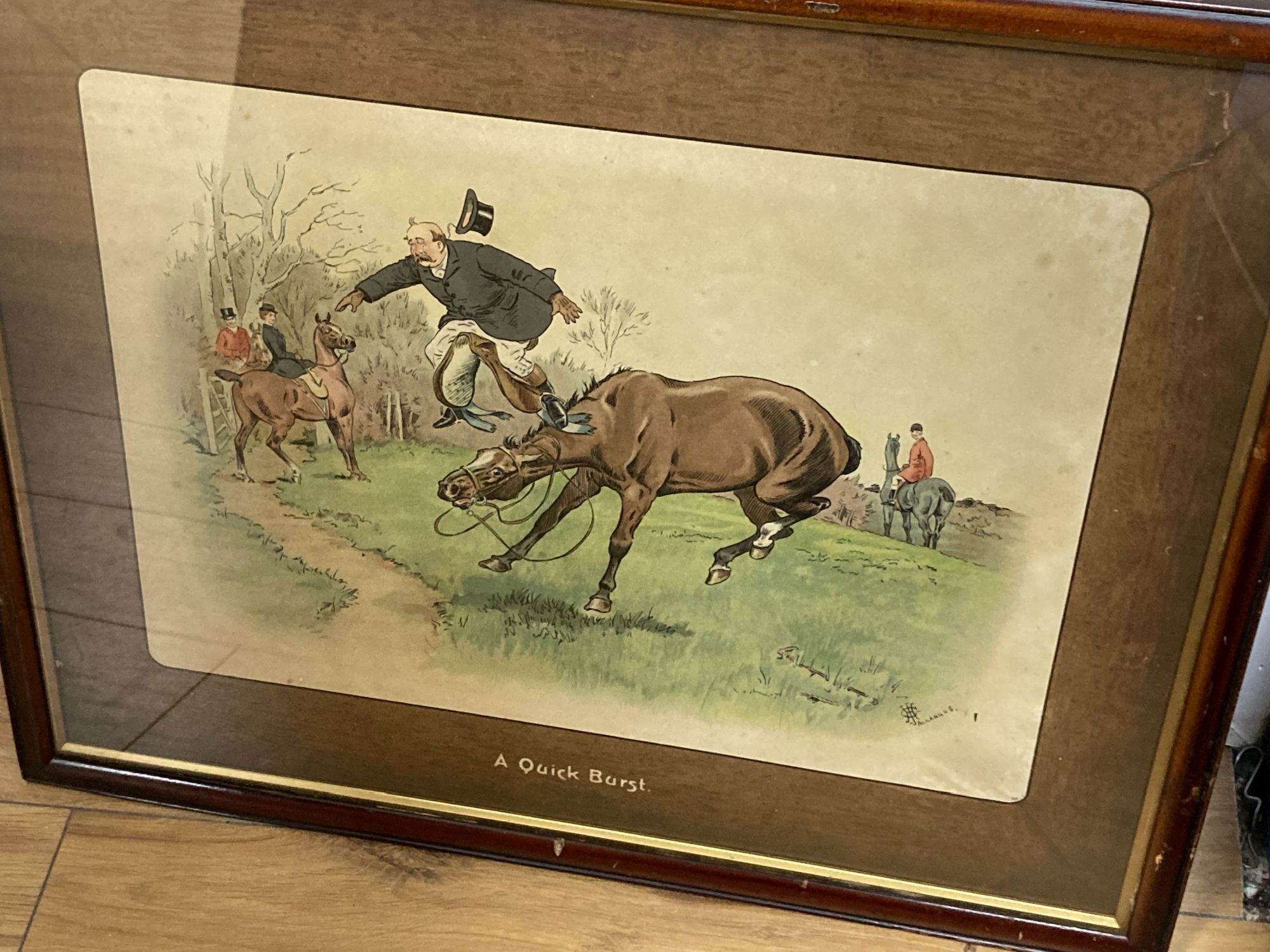 A set of six chromolithographs, hunting caricatures, 38 x 48cm overall.